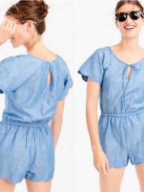 J.Crew Linen Blend Scalloped Romper Chambray Blue Size M